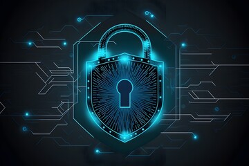 Wallpaper Illustration and background of cyber security data protection shield, with key lock security system, technology digital. Front view. Concept of database security software. Generative AI
