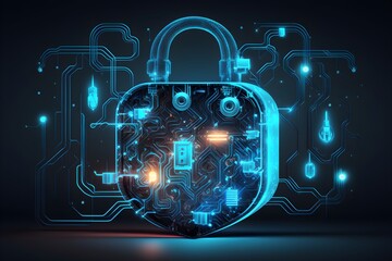 Wallpaper Illustration and background of cyber security data protection shield, with key lock security system, technology digital. Front view. Concept of database security software. Generative AI