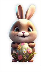 Adorable, cute, fluffy, Easter bunny with egg, flowers and blank background. (Generative AI)