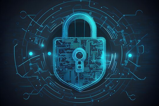 Wallpaper Illustration and background of cyber security data protection shield, with key lock security system, technology digital. Front view. Concept of database security software. Generative AI