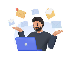 Spam isolated 3D cartoon vector illustrations. Confused man getting many spam emails, looking at laptop screen, IT technology, network hacking attack, cybersecurity threat vector cartoon 3D realistic