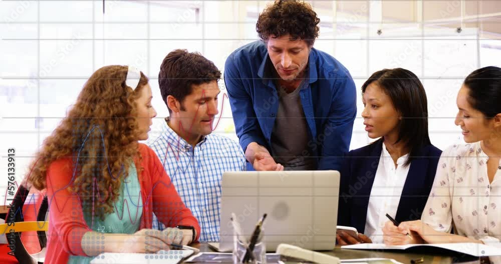 Canvas Prints Animation of statistical data processing against diverse colleagues discussing over laptop at office