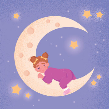 Sleeping baby concept. Little girl lies on moon. Rest and recuperation, correct regime of day. Imagination, fantasies and dreams. Poster or banner for website. Cartoon flat vector illustration