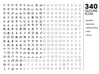 mega set outline icon set. business, emoticon, user interface, food, travel icon set