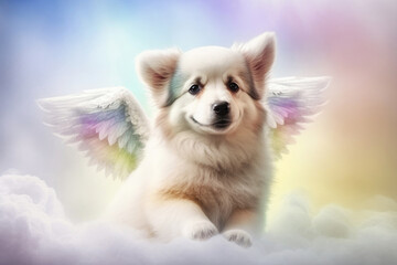 A dog with wings in the sky, symbolizing a life after death. Generative AI - obrazy, fototapety, plakaty