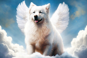 A dog with wings in the sky, symbolizing a life after death. Generative AI