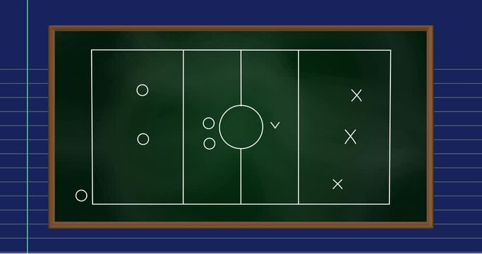 Animation of football game strategy drawn on green chalkboard against blue lined paper background
