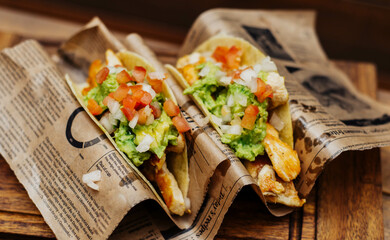 Chicken tacos with guacamole and vegetables on wooden table