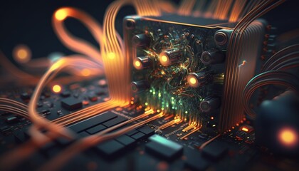 Glowing computer circuits and wires. Generative AI