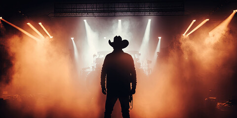 Backlit male country musician silhouetted by spotlights on a smoky stage by generative AI - obrazy, fototapety, plakaty