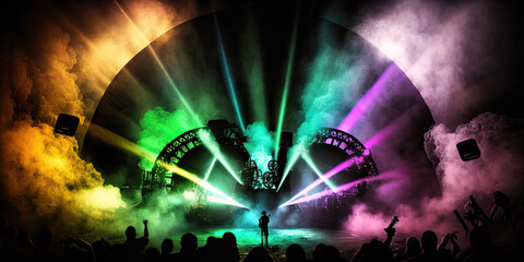 Colorful stage concert background with smoke and lasers by generative AI
