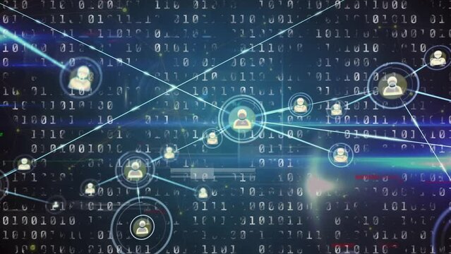 Animation of network of profile icons and blue light trails against binary coding data processing