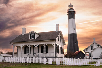 Sunset view of the historic Tybee Island lighthouse from Tybee Island Georgia - 576134937
