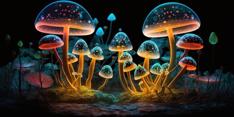 Transparent glowing colorful mushrooms in night , concept of Aurora Borealis and Bioluminescence, created with Generative AI technology
