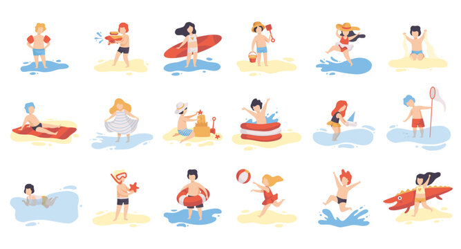 Summer vacation. Happy kids swimming and playing on beach cartoon vector Illustration