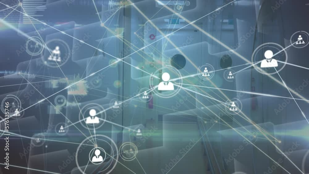 Poster animation of network of profile icons and data processing over abstract shapes on blue background
