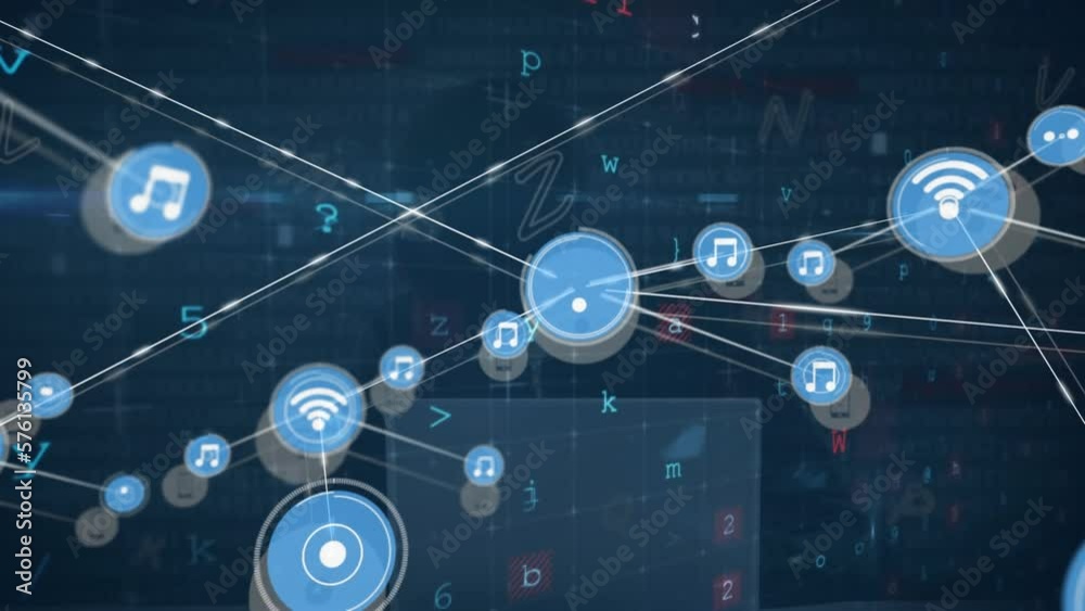 Poster animation of network of digital icons, cyber security data processing over male hacker using laptop