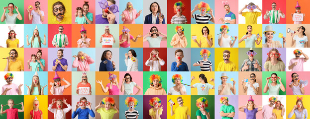 Collage of different people with funny disguise on color background. April Fool's Day celebration