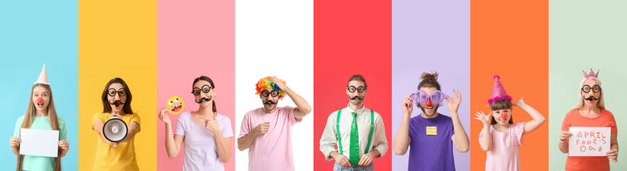 Collection of different people with funny disguise on color background. April Fool's Day celebration