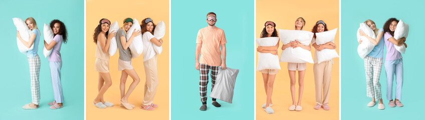 Collage of young people in pajamas, with sleep masks and pillows on color background