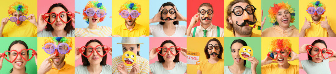 Collage of young people with funny disguise on color background. April Fool's Day celebration
