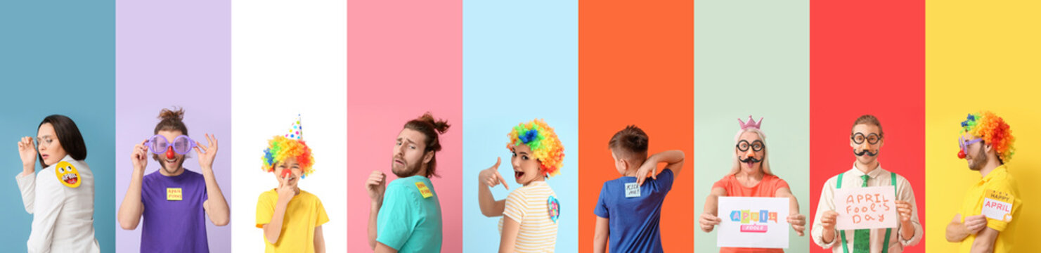Set of different people with funny disguise on color background. April Fool's Day celebration