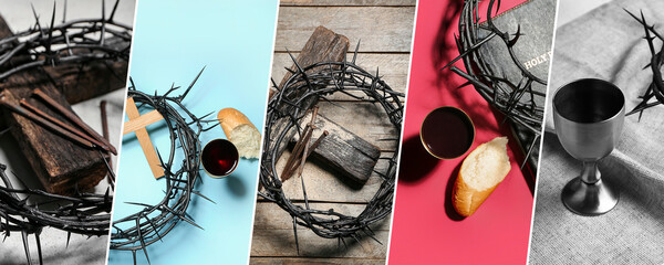 Collage of crown of thorns with cross, nails, wine, bread and Holy Bible