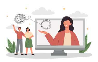 Family psychologist concept. Woman helps young couple to resolve conflicts in family. Support and help, fixing relationship problems. Mental health and psychology. Cartoon flat vector illustration