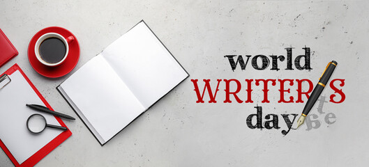 Banner for World Writer's Day with book, stationery and cup of coffee