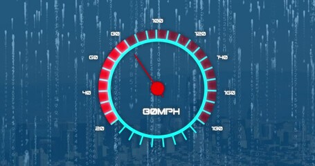 Animation of speedometer and binary coding against aerial view of cityscape - Powered by Adobe
