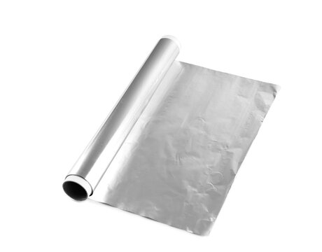 Roll of aluminium foil on white background