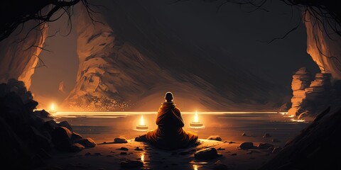 An image of a Buddhist monk seated in a recess, Generative AI - obrazy, fototapety, plakaty