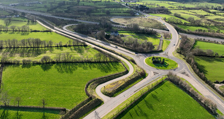 Aerial view of new roundabout and junction A8, A57 at the Village of Ballynure near Ballyclare Town...