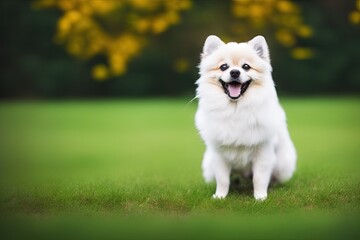 Fototapeta premium Pomeranian spitz toy dog outdoor, generative ai. Cute puppy smiling
