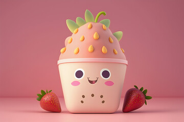 Yummy cartoon pink strawberry and chocolate ice cream with sprinkles ,Generative AI