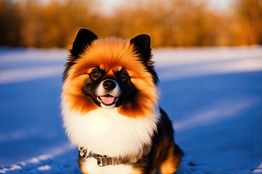 Pomeranian spitz toy dog outdoor, generative ai. Cute puppy smiling