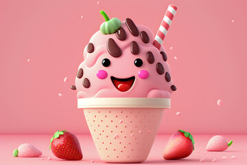 Cute cartoon pink strawberry and chocolate ice cream with sprinkles ,Generative AI