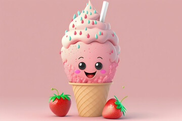 Delicious 3D rendering of strawberry and chocolate ice cream with sprinkles ,Generative AI