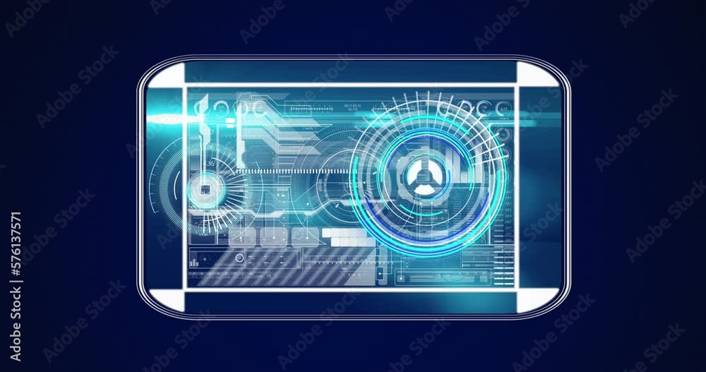 Poster animation of interface with neon round scanner and data processing against blue background