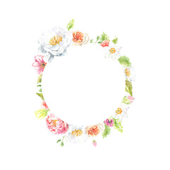 Watercolor Easter floral frame illustration. Botanical spring flower frame, wreath, chaplet, peony,rose, cute Easter bunny animal clipart, baby shower, happy birthday invite,border, banner, wallpaper 