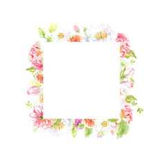 Watercolor Easter floral frame illustration. Botanical spring flower frame, wreath, chaplet, peony,rose, cute Easter bunny animal clipart, baby shower, happy birthday invite,border, banner, wallpaper 