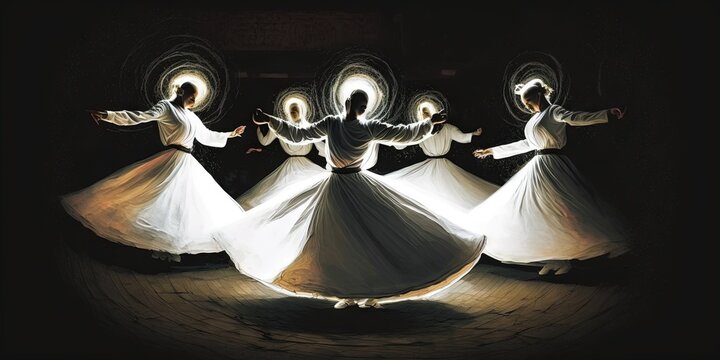 An image of a gathering of Turkish whirling dervishes in white clothing is depicted, Generative AI