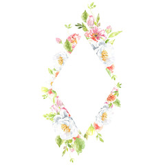 Watercolor Easter floral frame illustration. Botanical spring fower frame, wreath, chaplet, peony,rose, cute Easter bunny animal clipart, baby shower, happy birthday invite,border, banner, wallpaper 