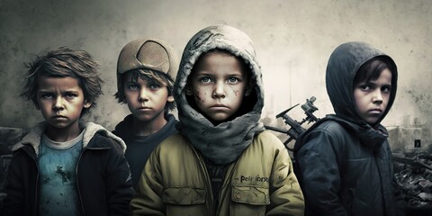 conceptual image of children against the horrors of war, unwillingness to fight, generative AI