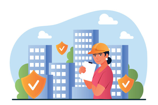 Building safety concept. Young girl with helmet on background of skyscrapers. Construction and architecture. Checking quality of houses, commission. Poster or banner. Cartoon flat vector illustration