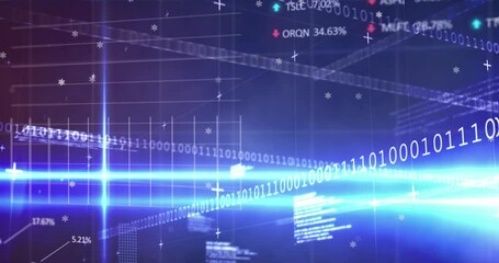 Animation of white particles over stock market data processing and binary coding on blue background - Powered by Adobe