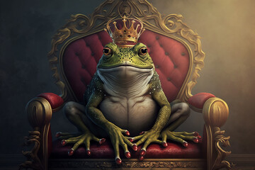 Ai generated illustration of A frog king with a crown sitting on a throne