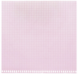 Checked spiral notebook page paper background, old aged pink chequered ring binder sheet flat lay copy space, horizontal squared pattern maths notepad torn out isolated blank empty blocknote notepaper - 576139537