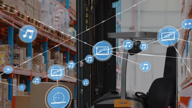 Animation of network of digital icons against forklift at warehouse