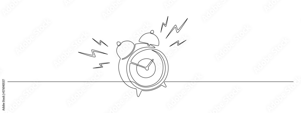 Poster One continuous line drawing of morning alarm clock. Ringing watch to wake up in simple linear style. Reminder and school schedule concept. Editable stroke. Doodle vector illustration